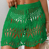Shopmocho Handmade Crochet Hollow Out Swimwear Cover Up Solid Color Drawstring Short Skirt Women Holiday Knitting Sweet Beachwear