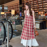 Shopmocho Women Plaid Fake Two Piece Suspender Dress Women Summer Retro Loose Long Dress