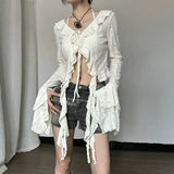 SHOPMOCHO Deeptown Vintage Fairycore Women Blouses Elegant Flare Sleeve Ruffle Tops Sexy Lace Up Shirts Hollow Out Aesthetic Crop Cardigan