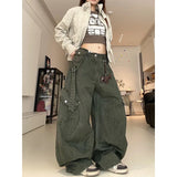 SHOPMOCHO Retro Green Work Pants High Waist Wide Leg Loose Fit for Men And Women Street Style Casual Comfortable Denim Trousers