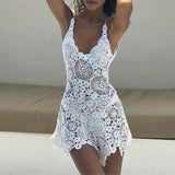 Shopmocho Combhasaki Women Summer Boho Knitted Crochet Halter Neck Swimsuit Coverups VNeck Hollow Out Irregular Hem Short Mini Beach Dress