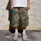 SHOPMOCHO Y2K American Cargo Shorts Paint Splatter Camouflage Pattern Bottom New Trendy Retro Hip Hop Streetwear Unisex Baggy Short Pants
