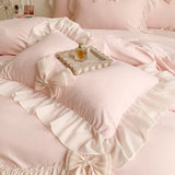 Shopmocho Korean Style Princess Lace Bow Bedding Set Pink Sweet Girl Chiffon Ruffles Duvet Cover Bed Sheet Pillowcase Wedding Home Textile