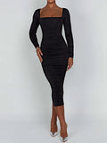 Shopmocho Autumn and Winter Women Sexy Bodycon Dress Square Neck Long Sleeved Ladies Evening Dresses