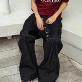 SHOPMOCHO Korean High Street Buckle Curved Jeans Autumn Men'S Loose Straight Leg Pants Black Wide Leg Pants Casual Pants Hip-Hop Pants