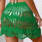 Shopmocho Handmade Crochet Hollow Out Swimwear Cover Up Solid Color Drawstring Short Skirt Women Holiday Knitting Sweet Beachwear
