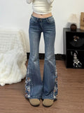 SHOPMOCHO American Large Size Heavy Industry Flower Embroidery Pattern Women Flared Jeans Mid-Rise Slim Retro Harajuku Floor-Mopping Pants