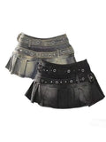 SHOPMOCHO Women's Denim Skirt with Studded Belt Low Rise Pleated Mini Skirt Blue Black Jean Skirts Alt Girls Y2K Punk 90s