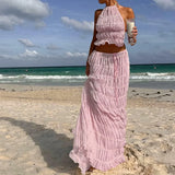 SHOPMOCHO-Women Boho Sexy Backless Matching Suit 2 Piece Beach Holiday Outfits Vintage Ruched Halter Cami Tops + Maxi Long Skirt Party