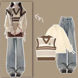 Shopmocho Preppy Style Spring Autumn Women Knit Vest Bandage Shirts Wide Leg Pants Three Piece Set Lady Patchwork Tank Sweater Jeans Suits