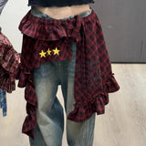 Shopmocho Adjustable Star Layer Outfits Plaid Skirt Hip-hop Sweet Lace Up Hip Scarf Korean Style Y2K Ruffled Edge Waistband Jeans Decor