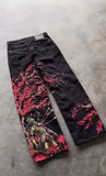 SHOPMOCHO Men's Black Wide Leg Jeans Samurai Cherry Blossom Print Red Spider Lily Graphic New Japanese Streetwear Baggy Denim Pants Women