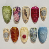 SHOPMOCHO 24pcs White Flower Fake Nail Tips Ins Yellow Pink Blush False Nails Wearable Full Cover European Almond Shaped Press on Nails