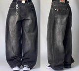 SHOPMOCHO Harajuku Vintage Hip-hop Pop Letters Embroidered Washed Baggy Jeans Ladies Y2K Gothic Fashion Casual High Waist Wide Leg Pants