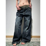 Shopmocho Women's Blue Gothic Y2k Baggy Leopard Patchwork Jeans Vintage Harajuku Emo Star Jean Pants 2000s Oversize Denim Trousers Autumn
