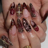 SHOPMOCHO 24Pcs Short Almond Fake Nails Butterfly Wings Nail Art with Glue Glitter Flower False Nails Acrylic Autumn Winter Press on Nail