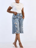 SHOPMOCHO Women's Denim Bermuda Shorts - Ripped Double Waistband Washed Blue Knee Length Jean Shorts, Non-Stretch Casual Relaxed Fit with Pockets, Perfect for Weekend Outings, Daily Leisure & Streetwear