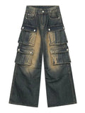 SHOPMOCHO Men Retro Mud Washed Spray Ma Liu Work Pants Neutral Baggy Wide Leg Men Jeans Street Hip Hop Multi Pocket Floor Denim Pants