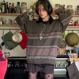 Shopmocho Dourbesty 2000s Vintage Sweater Y2K Women Casual Striped Long Sleeve Round Neck Preppy Style Pullover Tops Retro Grunge Knitwear