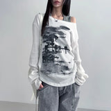 SHOPMOCHO Autumn Harajuku Women Vintage Print Tees Streetwear Grunge Skew Collar Graphic Tshirt Y2k Aesthetic Casual Hiphop Grunge Top