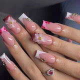 Shopmocho 24pcs Rhinestones Full Cover Nail Art Datachable Glitter French Press on Nails Tip Flower Long Square Fake Nail Pink False Nails
