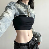 SHOPMOCHO  Y2K Cropped Denim Jacket Women Vintage 90S Sexy Long Sleeve Jeans Coats Summer Gyaru Harajuku Streetwear Design Outerwears
