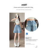 SHOPMOCHO 2026 Summer Women's High Waist Denim Shorts, Light Blue Lace Trim. Loose Fit, Slimming & Hide Leg Flaws