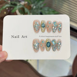 SHOPMOCHO 10Pcs Handmade Nude Color Press On Nails Sparkling Cat-Eye Cherry Star Marine Elements Sequins Cute Girlish Nail Suitable Summer