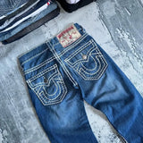 Shopmocho Harajuku Gothic Retro Pocket Embroidered Blue Baggy Jeans Buddha Embroidery Logo Jeans Y2K Men Women Low Waist Wide Leg Trousers