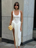 Shopmocho Irregular Pleated Hem Solid Long Dress Elegant U Neck Sleeveless High Waisted Strap Robes Summer Women Fashion Street Wear