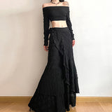 SHOPMOCHO Y2K Black Long Skirt Women Harajuku Gothic Lace Asymmetrical Maxi Skirts Summer Korean Ruffles Patchwork Bandage Design Faldas