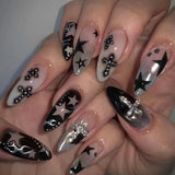 Shopmocho 24pcs Glossy Black Fake Nails For Spicy Girls Shimmery Rhinestone French Style Cross Press On Nail Mid-length Coffin Cool Nails
