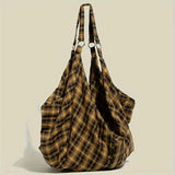Shopmocho Vintage Plaid Canvas Tote Women LargeCapacity Korean Fashion Travel Shoulder Bag forWork Shopping Aesthetic Designer