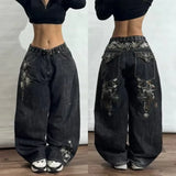 SHOPMOCHO Y2K Retro Punk Pink Totem Wide Leg Jeans Men Gothic High Street Hip Hop Washed Casual High Waist Floor Mopping Pants Women