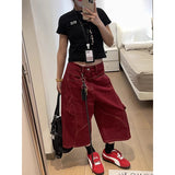 SHOPMOCHO Women's Red Gothic Cargo Jeans Vintage Korean 90s Aesthetic Y2k Denim Trousers Harajuku High Waist Cowboy Shorts 2000s Clothes