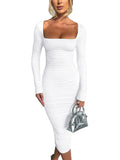 Shopmocho Autumn and Winter Women Sexy Bodycon Dress Square Neck Long Sleeved Ladies Evening Dresses