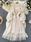 Shopmocho Ladies Dress Three-dimensional Flower Hook Mesh Temperament Stand Collar Lantern Sleeve High Waist Slim Female Dresses
