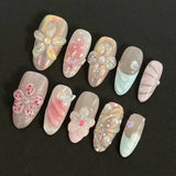SHOPMOCHO 24PCS Sweet Pink Blush French Almond Press on Nails 3D Flower Ripples Fake Nails for Women Girls Simple Ins Nail Tips Detachable