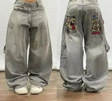 SHOPMOCHO Street Fashion Trend Skull Embroidered Jeans Women Harajuku Y2K New Hip Hop Joker Straight Wide-leg Pants Couple Casual Jeans