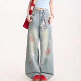 SHOPMOCHO Jeans for Woman Y2k Pants Retro Washed Denim Straight Leg Wide Leg Trousers Cartoon Embroidery Design Comfortable Daily Wear