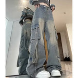 SHOPMOCHO-Female Jean Spliced Pockets Cargo Pants Washed Denim High Waist Full Length Jeans Loose Solid Basics Patchwork Distressed
