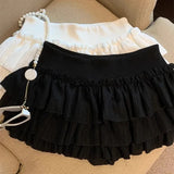 SHOPMOCHO Sweet Puffy Cake Women Skirts Korean Fashion Ruched Ruffle Mini Skirt Campus Harajuku Casual Versatile Elastic Waist Solid Skirt