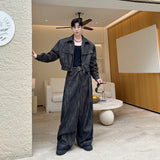 SHOPMOCHO Denim Set men 2025 Distressed Denim Set Short Lapel Jacket Cargo Pockets Straight Wide Leg Long Jeans Innovative Front Pockets