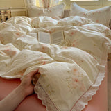 SHOPMOCHO Washed Cotton Duvet Cover Sets Single/Queen/king Flower Printed Bedding Set Princess Style e housse de couette 220x240 with Lace