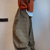 Shopmocho Retro American Canvas Straight Leg Pants Fine Plaid Design Sensation Small Audience Wide Leg Casual Trousers for Women