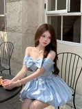 SHOPMOCHO 2026 Japanese Summer Blue Pure Desire One Shoulder Birthday Dress Thousand Gold Style Bow Knot Slim Short Sleeve Women's Dress