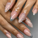 SHOPMOCHO 24Pcs Peach Blossom Press on Nails Cat's Eye Nude Glitter False Nail for Women&Girl Spring and Summer Detachable Wearable Nail