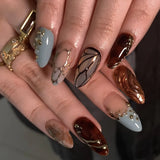SHOPMOCHO Red Y2K Wearable Nail Art Chic Silver Butterfly Love Metal Bead Almond False Nails Detachable Finished Fake Nails Press on Nails