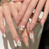 SHOPMOCHO 10Pcs Fashion Gentle Handwork Press On Nails French Style Flowers Butterfly Rhinestone Pearl Design Detachable False Nails Gift