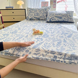 SHOPMOCHO 1pc Floral Fitted Bed Sheet Flower Printed Washed Cotton Bed Sheet with Elastic Single/Queen/King Size Bed Fitted Sheets